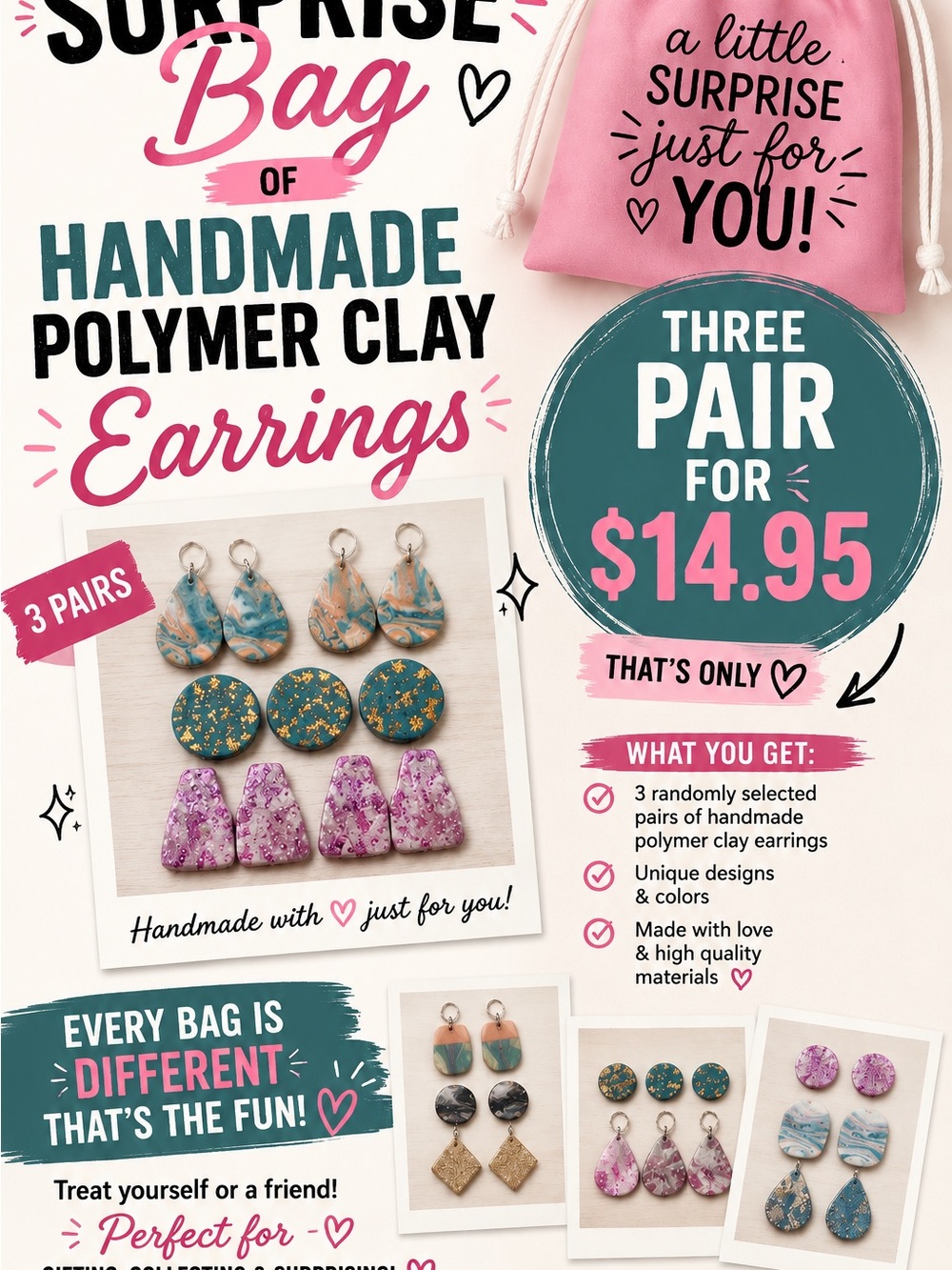 Handmade Polymer Clay Earrings - Pink & Teal Trio
